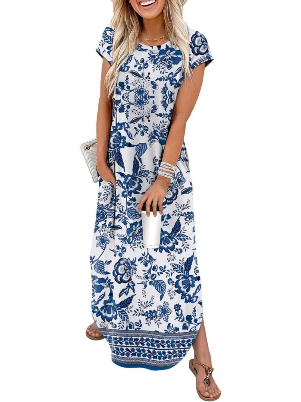 Women's Porcelain Blue Floral Cap Sleeve Crewneck Pockets Casual Long Maxi Dress